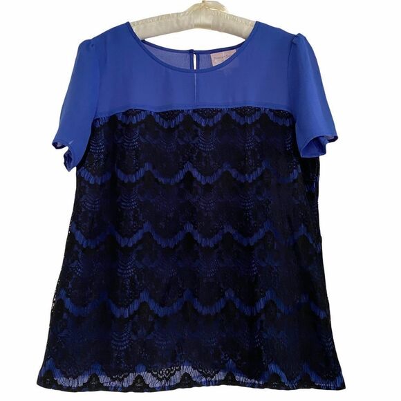 Romeo & Juliet Couture New w/ Tags Royal Blue + Black Lace Short Sleeves Large - Picture 1 of 6